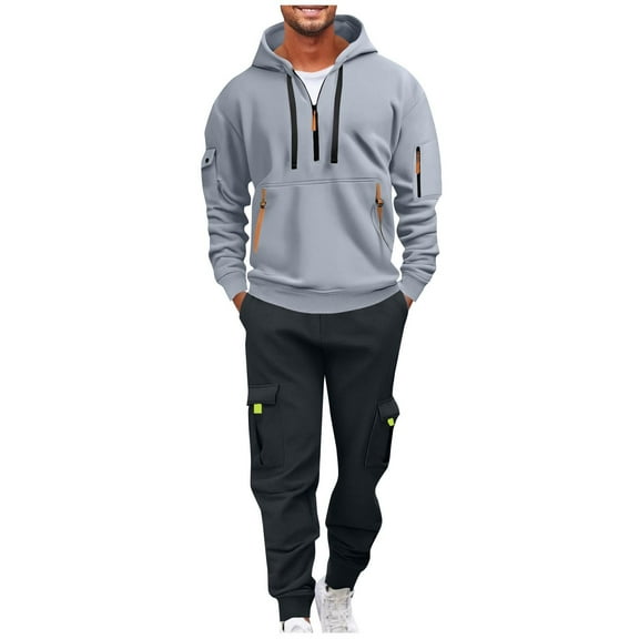 Chiccall Men's Cargo Tracksuit 2 Piece Quarter Zip Hoodie Fleece Sweatsuit set Casual Workout Jogging Suits