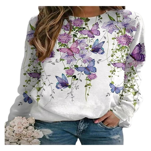 QJUHUNG Sweat-Shirt Décontracté à Manches Longues Papillon Imprimé Graphique Léger Pull-Over Manches Longues Chemises