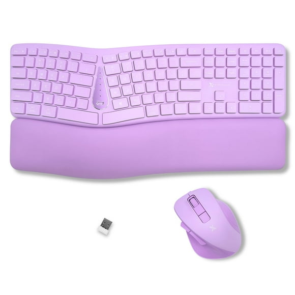X9 Clavier Souris Ergonomique Violet Sans Fil Combo - Type Confortable Plus Long - Clavier Divisé 2,4g/Bluetooth, Multi-Appareils, Repose-Poignet Doux, Rechargea