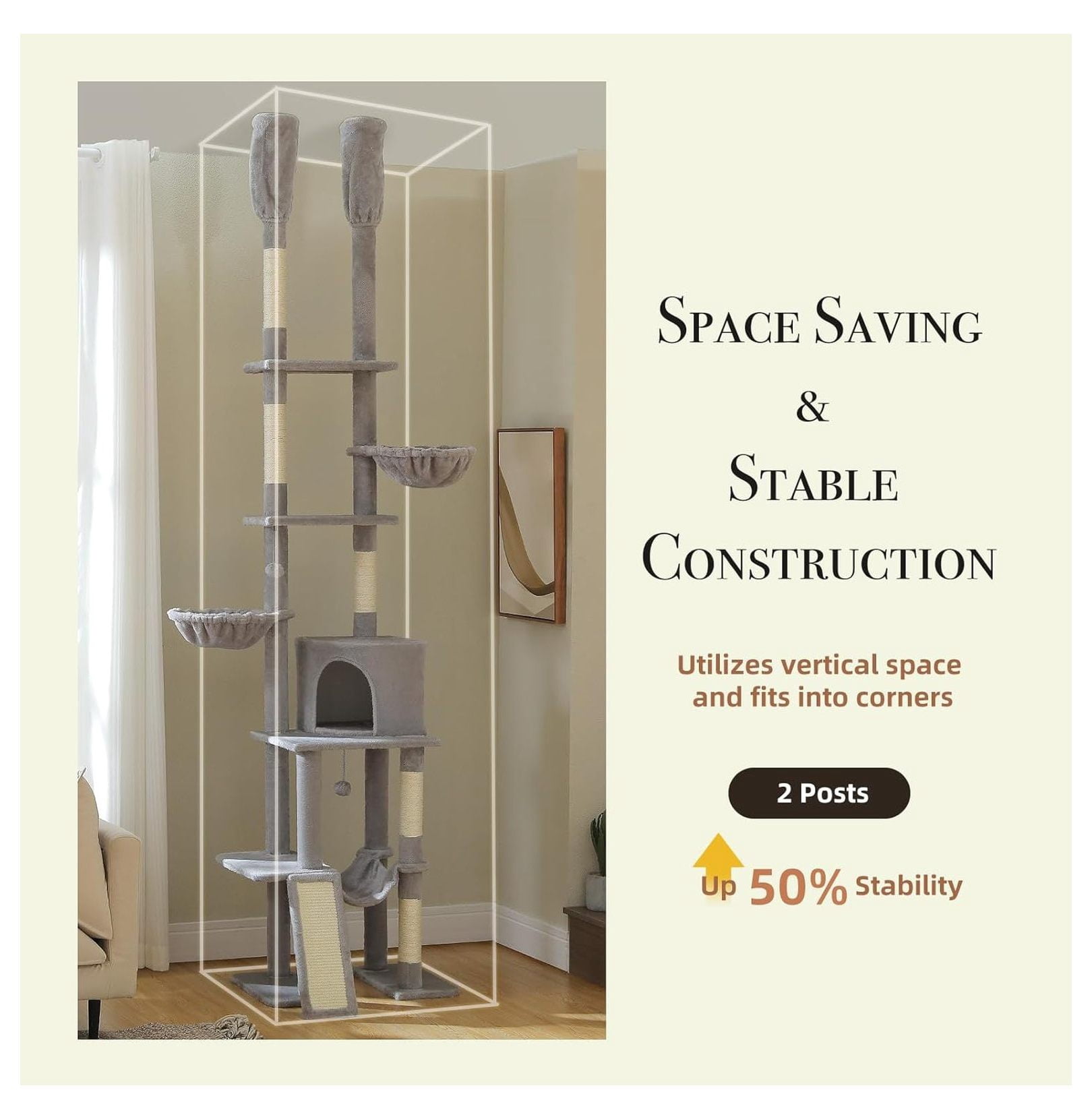 Cat Tree Floor to Ceiling, Adjustable Cat Tower 85-112 Inches, 7 Tier Cat Climbing Tower with Hammocks & Scratching Posts for Indoor Cats - Gray