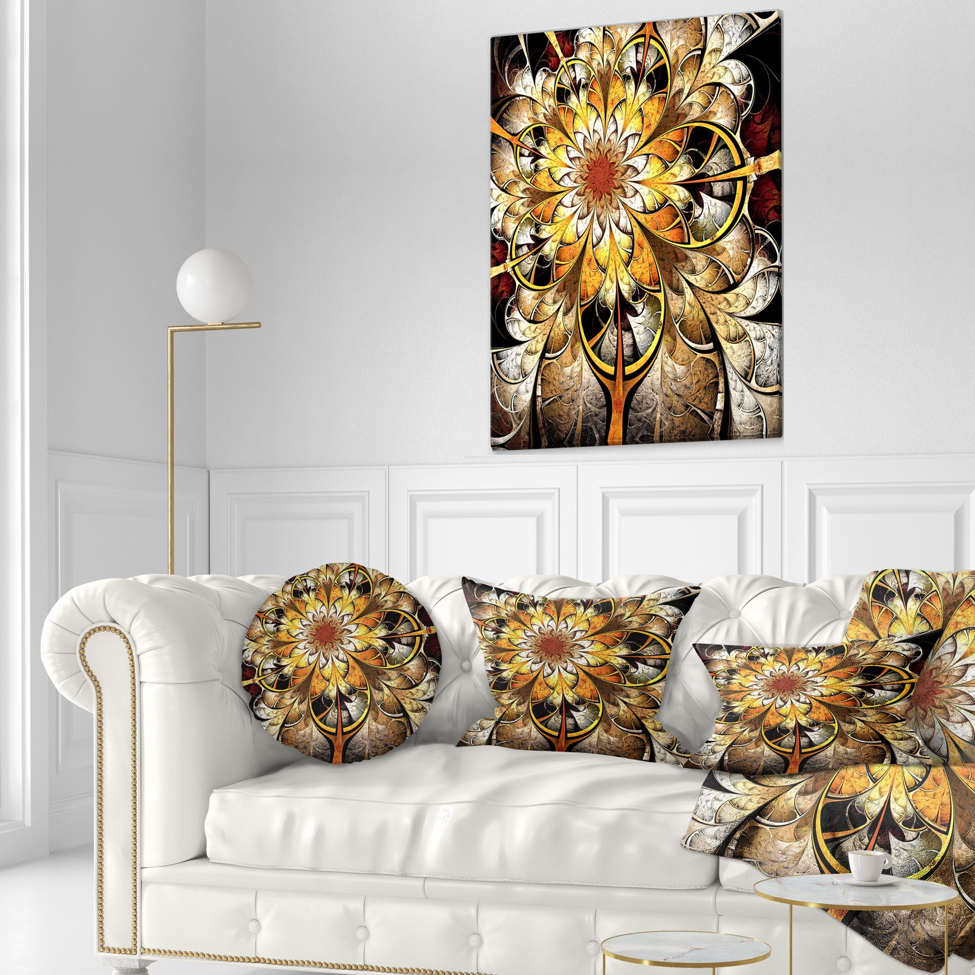 Designart Fractal Flower Dark Yellow - Floral Throw Pillow - 12x20