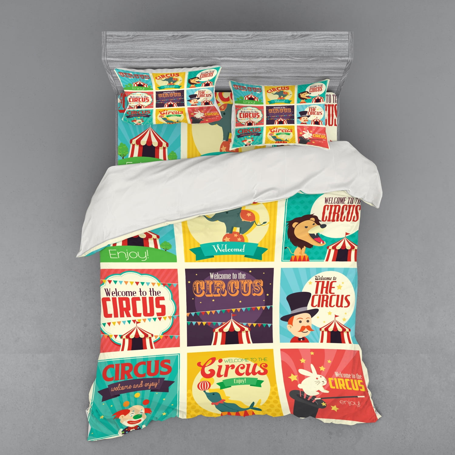 Circus Duvet Cover Set, Composition of Old Circus Carnival Magicians