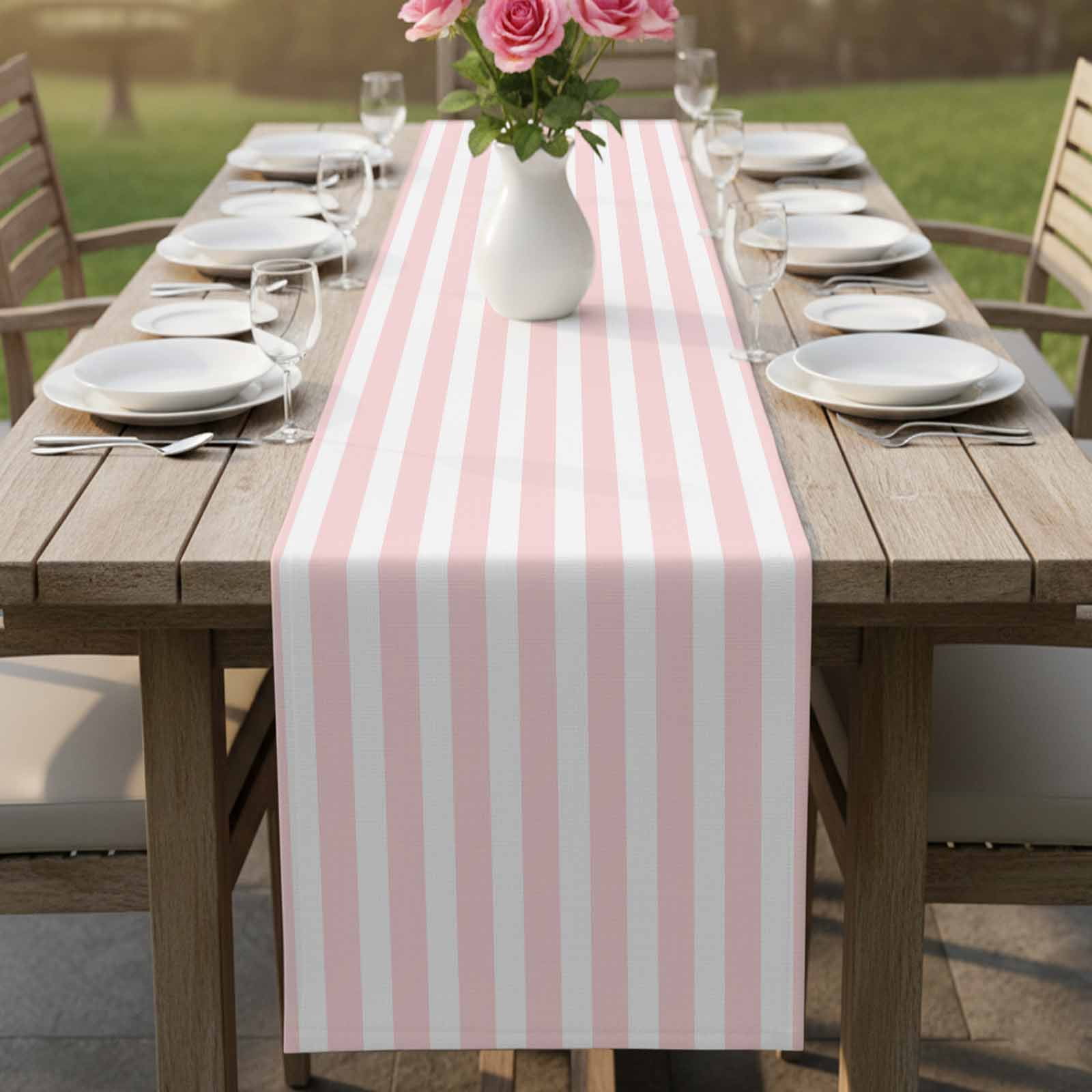 Pink Striped Table Runner, Modern Farmhouse Pink White Stripes Washable Cotton Linen Table Runners 108 Inches Long, Dresser Scarf Runner for Dining/Living Room/Kitchen/Square Tables 13''x108''
