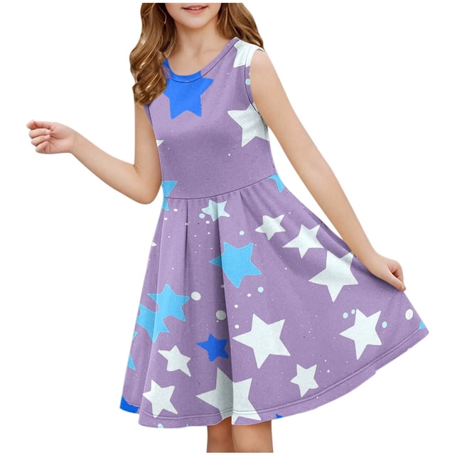 RXIRUCGD 2025 Vêtements d'Été pour Enfants Filles Robe Sans Manches Extensible Ligne A Évasée Patineuse Récital d'École Robe à Manches Courtes à Col Rond