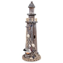 CoTa Global Brown Wooden Lighthouse Decor - Handcrafted Lighthouse Coastal Decor for Home, Outdoor Patio, Nautical Centerpiece with Pelican, Fish Net, Seashells, and Anchor Decoration - 14.25 Inches