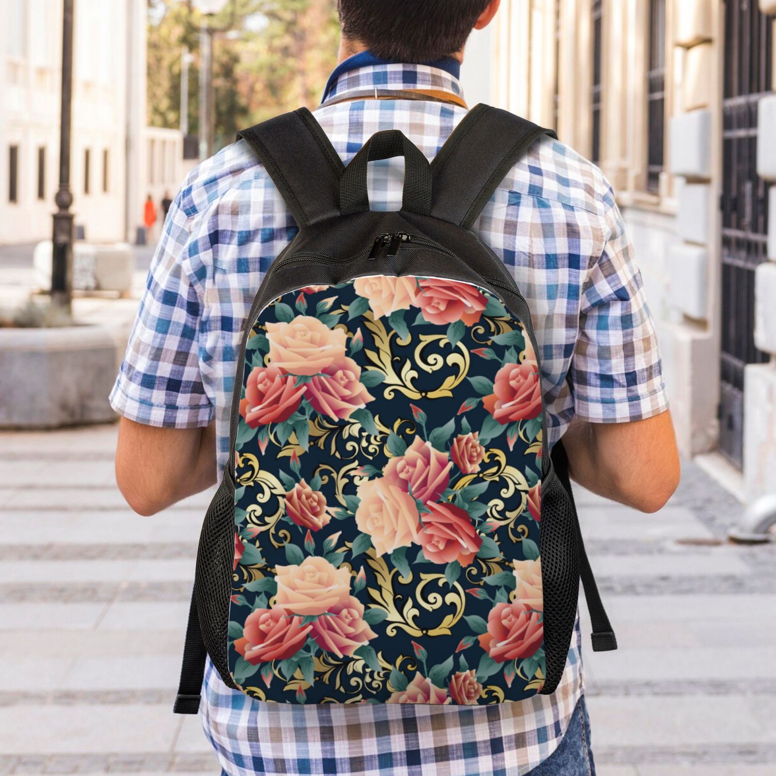 Xecao Rose Flowers Print School Backpack with Laptop Compartment Small Travel Laptop Backpack for Women Men Waterproof College Backpack Simple School Bag
