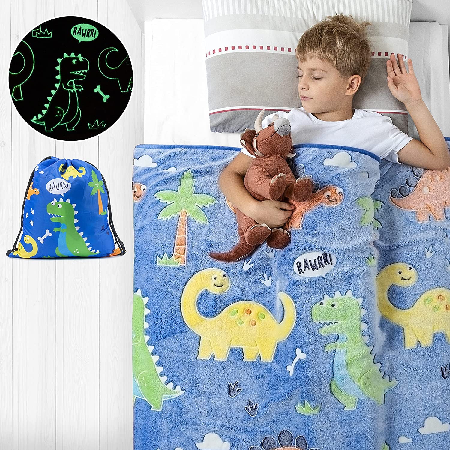 Glow in The Dark Dinosaur Blanket for Boys –Soft Plush Blue Fleece Throw Blanket. Great Dinosaur Gifts for Kids, Grandkids, Baby, Toddler, Birthday, Christmas! 6+ Hour Glow. (50”X60”)