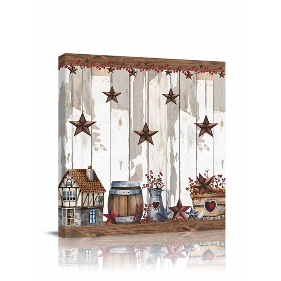 Farmhouse Country Canvas Wall Art, Star Barn Barrel Plant Retro Wood Grain Framed Wall Decor Modern Artwork Prints Painting for Living Room, Bedroom, Kitchen & Cafe Decor 24x24 Inch