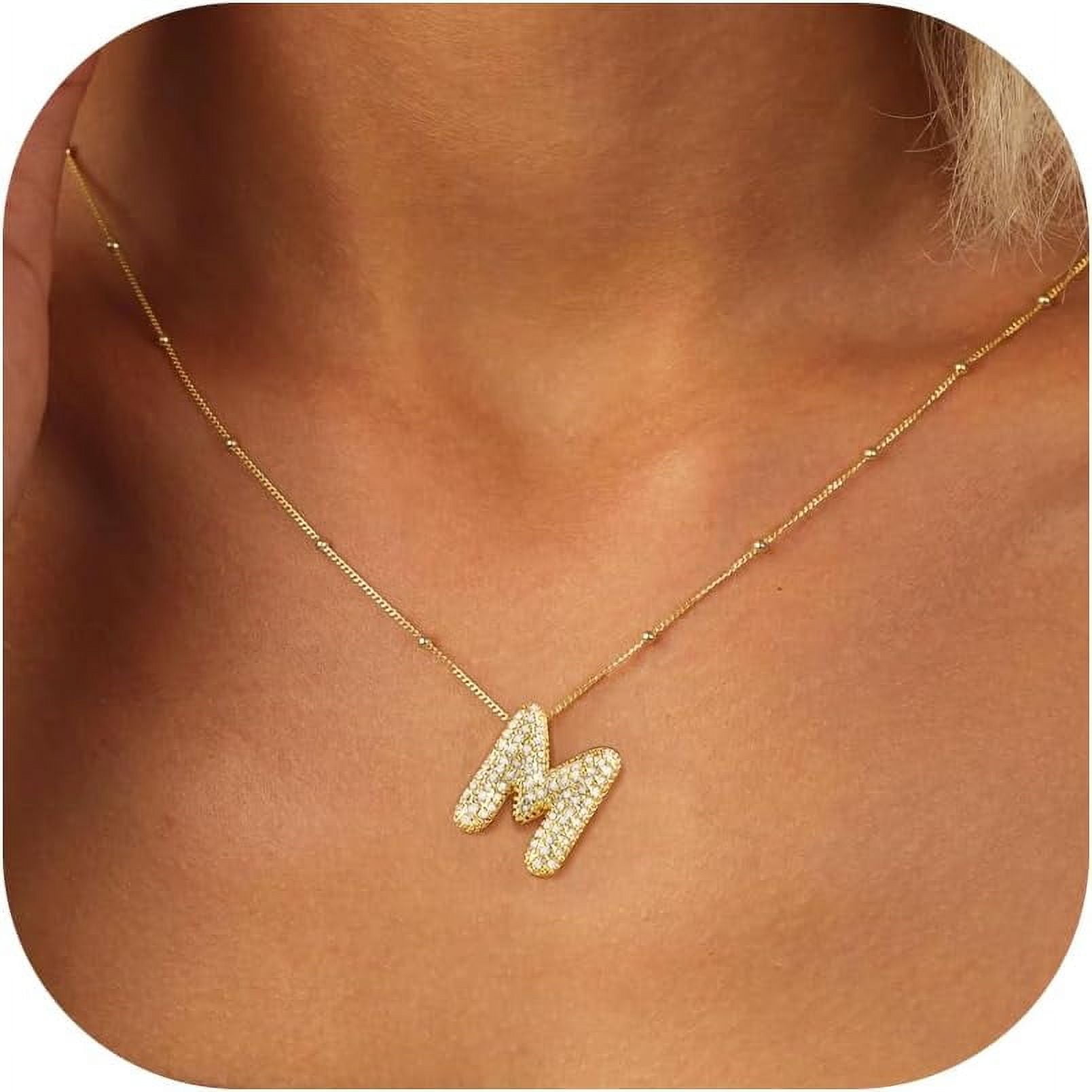 Bubble Letter Necklace Gold - 14K Gold Plated Dainty Cubic Zirconia Bubble Initial A to Z Letter Necklace, Personalized Name Necklace,Balloon Initial Necklace for Women