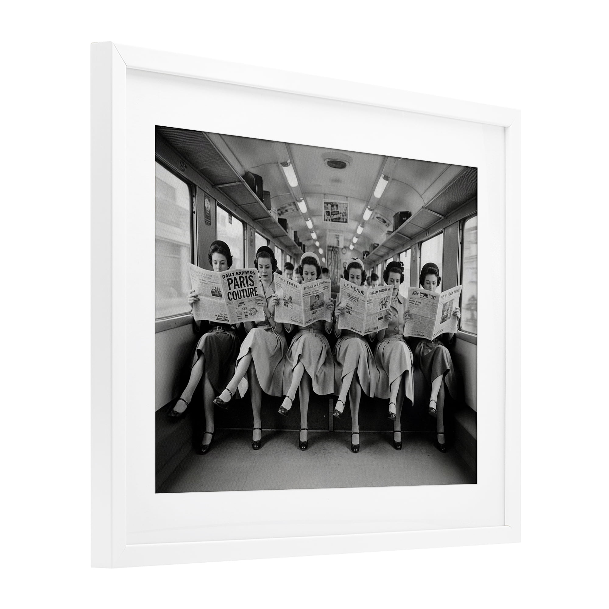 Stupell Industries Newsprint Ladies on Train White Framed Print Under Glass, design by A Barefoot Stylist