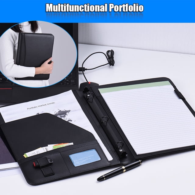 Professional Business Portfolio Padfolio Folder Document Case Organizer A4 PU Leather with Business Card U Flash Disk Holder Memo Note Pad Loose-leaf Loop