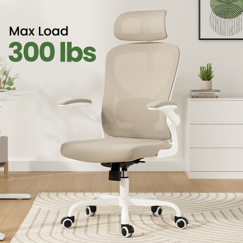 Ergonomic Office Chair, Home Office Desk Chair with Headrest, High Back Computer Chair with Armrests and Adjustable Lumbar Support for Home Office Study Room, White & Khaki