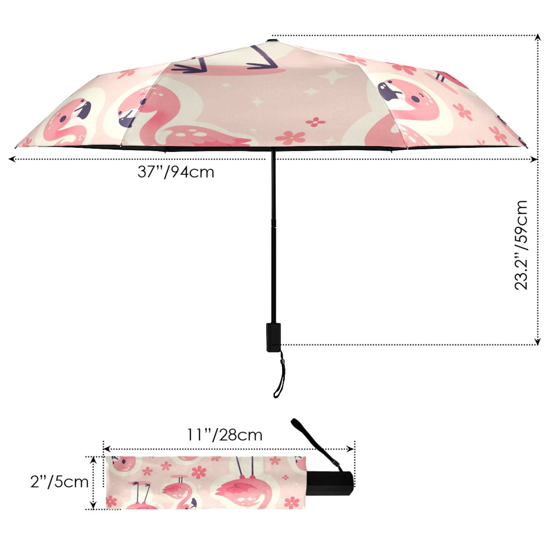 Cute Pink Flamingo and Flowers Compact Sun Umbrella Windproof Travel Umbrellas for Rain Strong Portable UV Protection