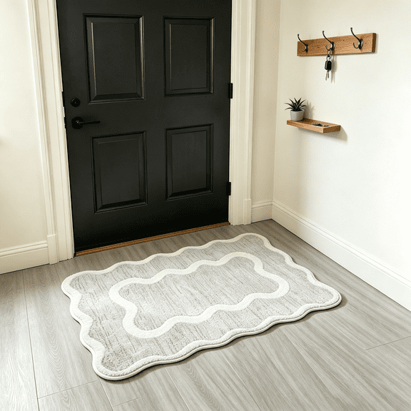 Soft Bath Mat | 40x60cm Absorbent Bathroom Rug with Scalloped Edge | Cream Beige Washable Shower Mat for Tub and Bathroom Floor