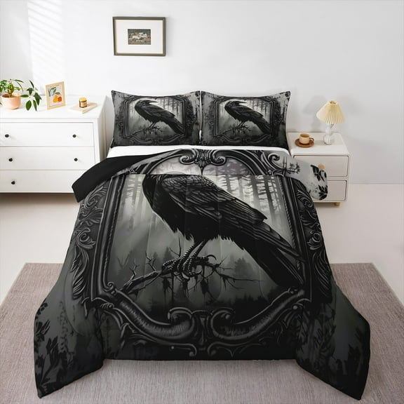 jejeloiu Wild Crow Bedding Comforter Set,Dark Style Twin Comforter Sets,Black Raven Bedding Set For Men Women,Ultra Soft Home Decor Reversible,2-Piece