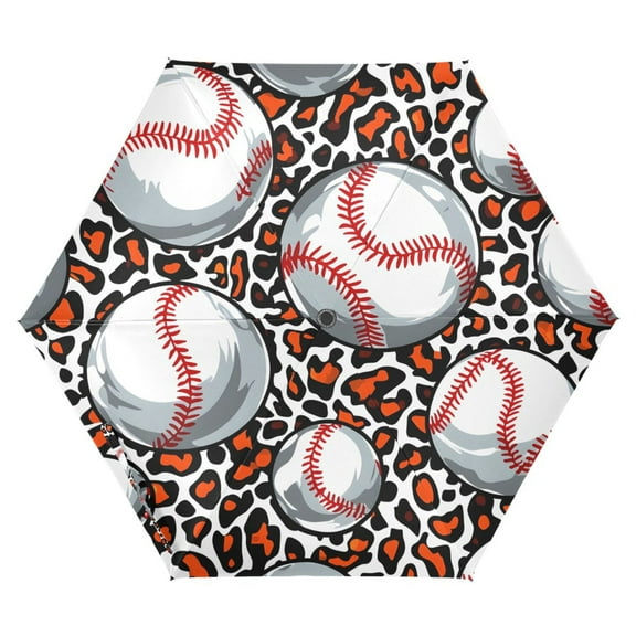 ALAZA Baseball on Leopard UPF 50  Compact Folding Umbrella for Rain Travel Umbrella Packable