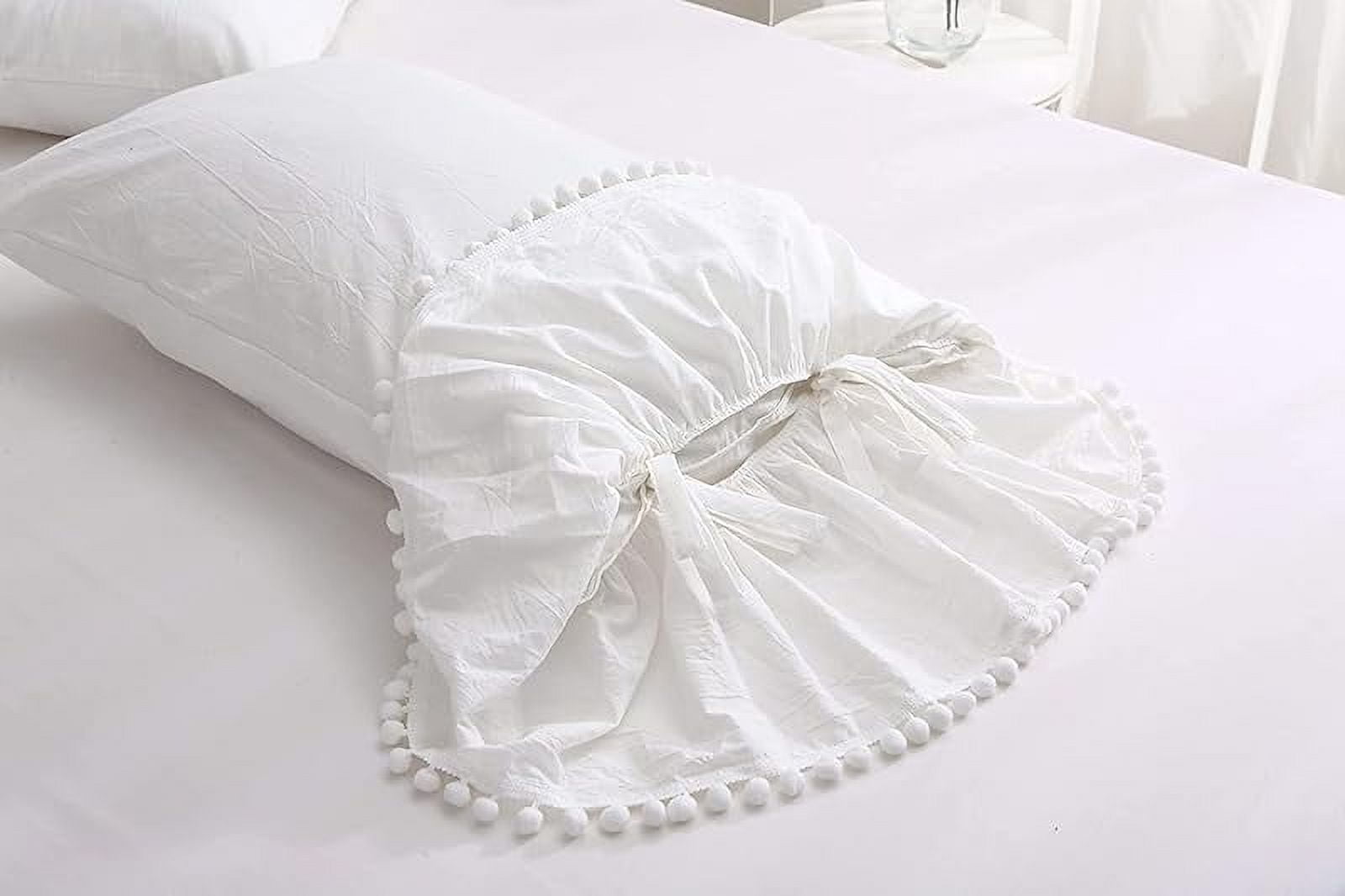Pom Poms Pillowcases with Long Ruffles Ivory Pillow Shams Cotton Pillow Covers Queen Size 20"X30" Farmhouse French Country 2-Pack