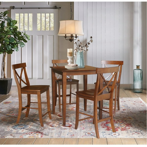 30'' Square Solid Wood Counter Height Dining Table with 4 Cross Back Counter Height Stools in Espresso
