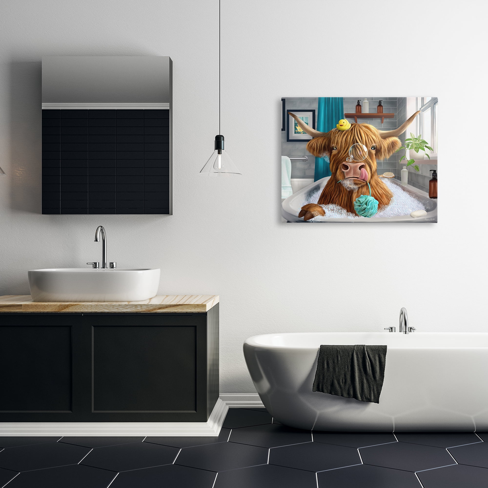 Stupell Industries Highland Cow Bubble Bath Bath & Laundry Painting Wrapped Canvas Art Print Wall Art, 40 x 30