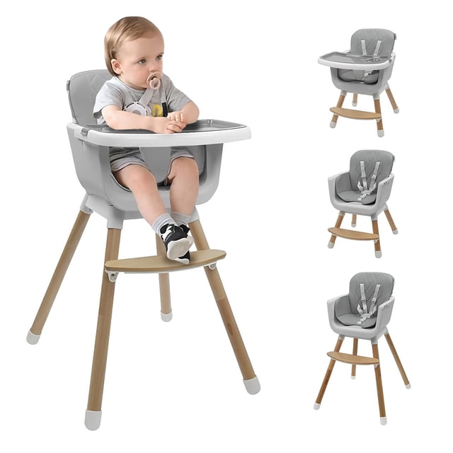Kwala Silla Alta para Bebés, Periquera de Altura Ajustable, Doble Posición, Charola Desmontable, Cuero Sintético Fácil de Limpiar (Gris)