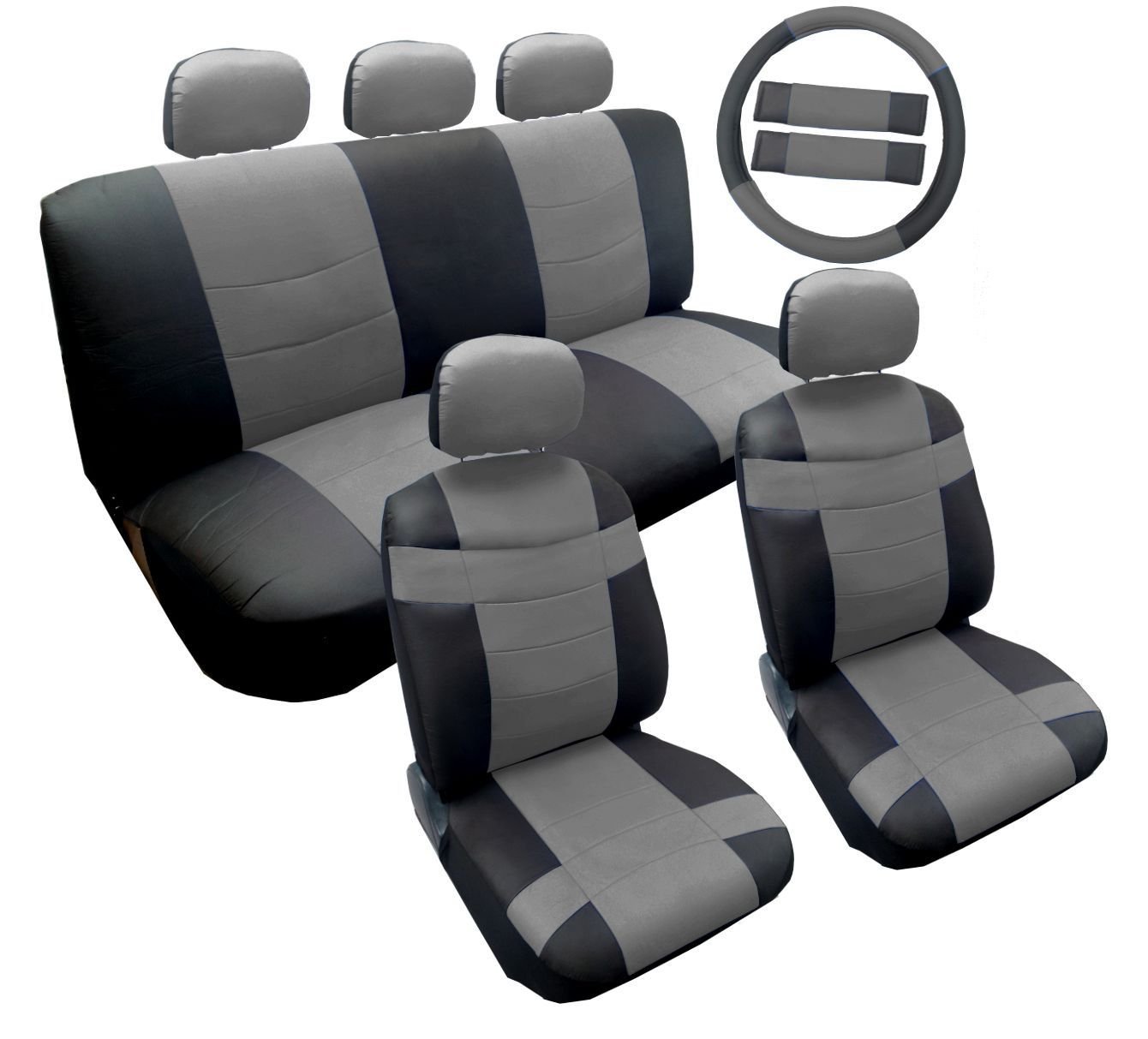 Two Tone Premium Gray on Black Synthetic PU Faux Leather Seat Cover Set 14pc Volkswagen VW Golf