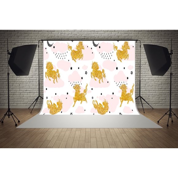 EREHome Polyester Fabric 7x5ft Gold Unicorn White Sky Pink Clouds Stars Baby Birthday Photo Backdrop Photography Studio Booth Background