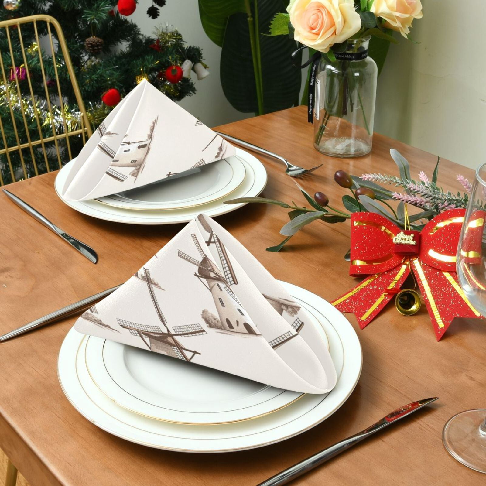 JSTEL Retro Windmill Cloth Napkins Set of 6, 20x20 Inch Washable and Reusable Napkin for Decoupage Dinner Party Everyday Use
