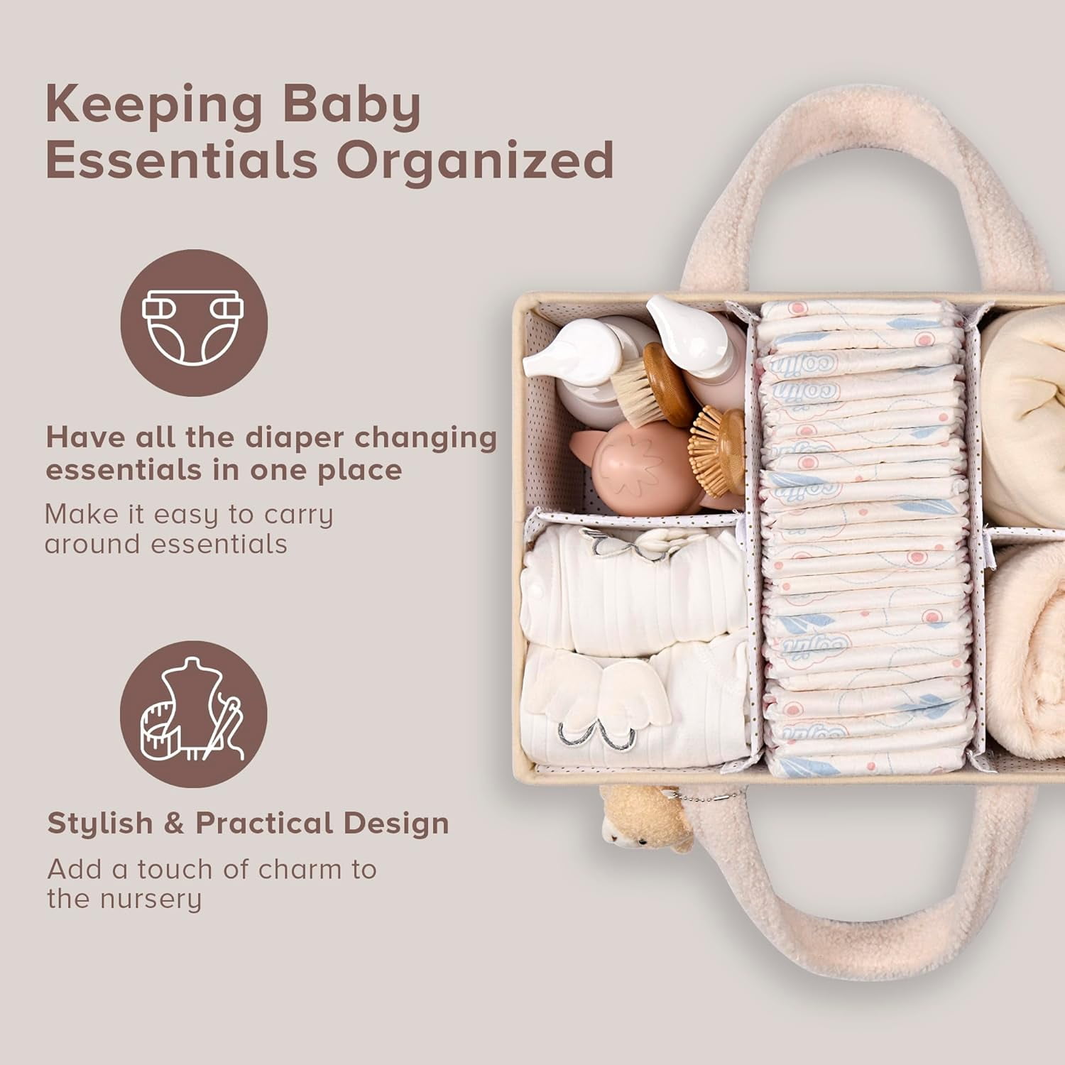 Baby Diaper Caddy Organizer for Changing Table Baby Storage Basket for Diapers and Baby Wipes Gift for Baby Shower Nursery Diaper Organizer(Ivory)