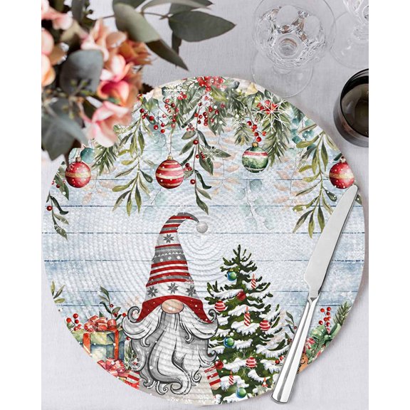 13 Inch Round Placemats Set of 4, Blue Wooden Christmas Gnomes Non Slip Heat Insulation PP Table Mats, Xmas Tree Poinsettia Winter Washable Place Mats for Kitchen Dining Party Table Decor