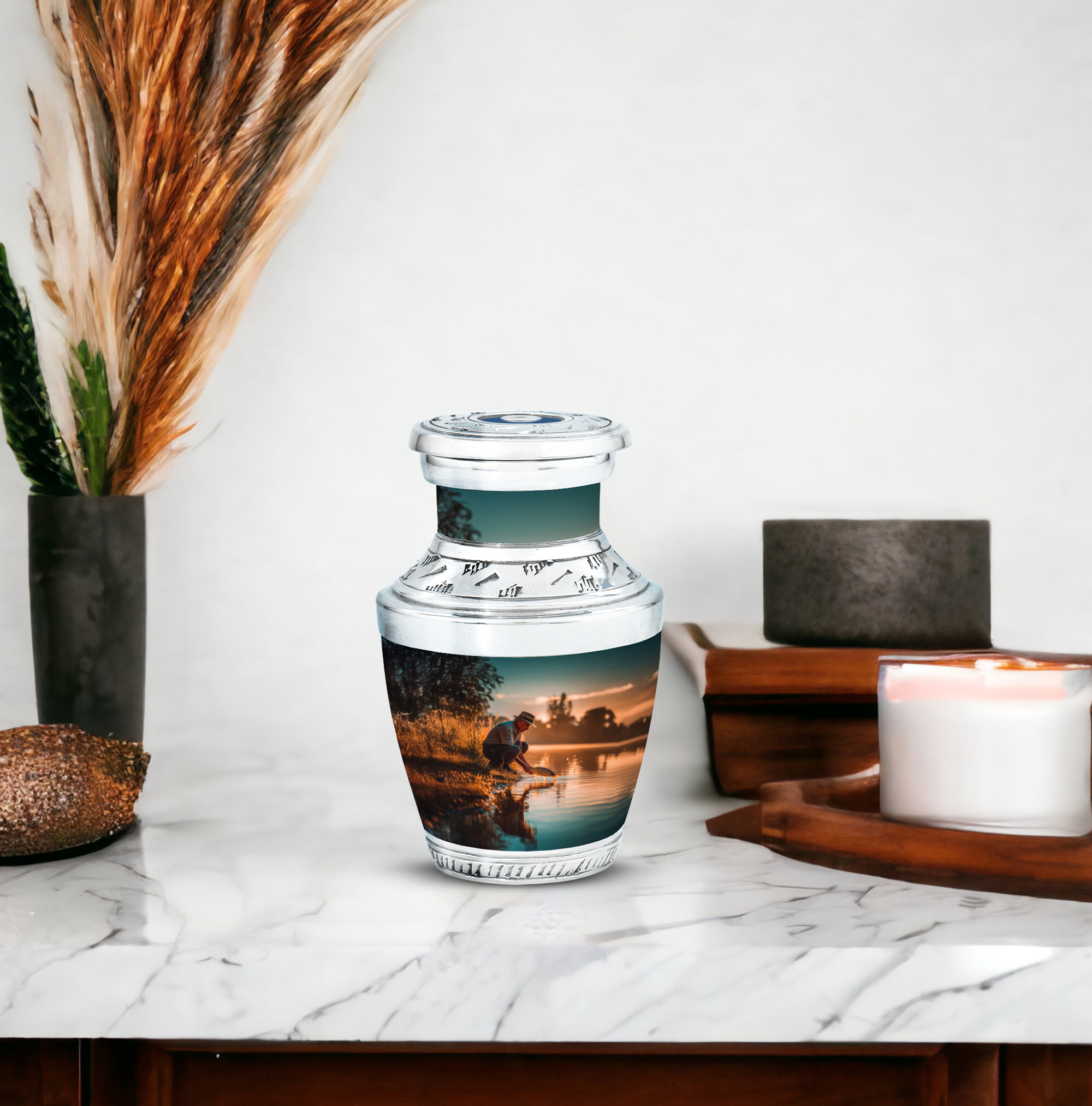 MUKTIVE Fishing Cremation Keepsake Urns for Human Ashes - Fisherman Small Burial Urn for Human Ashes Male & Female - Burial Cremains Containers - Handcrafted Memorial Gifts for Loss of Dad (3 Inch)
