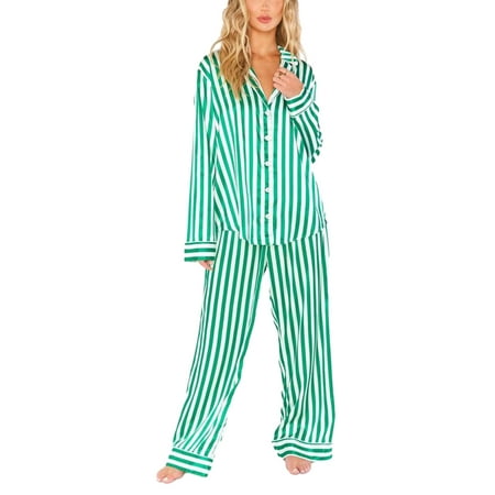 

Canis Women Christmas Pajama Set Striped Long Sleeve Shirt with Pants