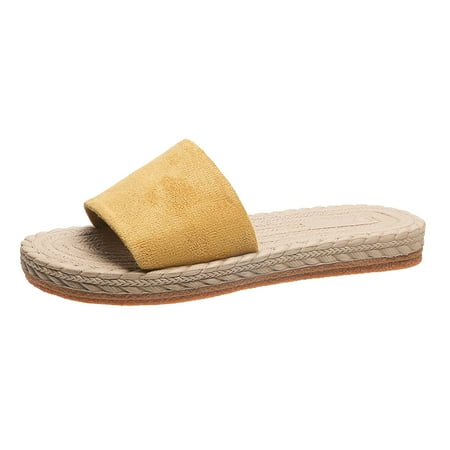 

Ladies Fashion Solid Color Suede Strap Straw Woven Bottom Flat Open Toe Slippers