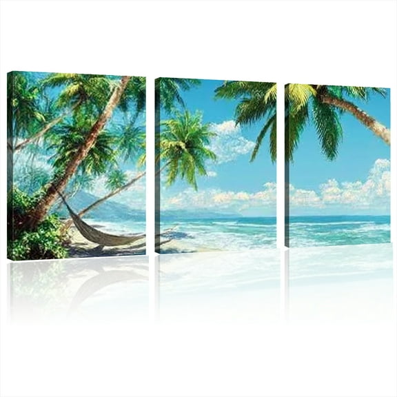 Beach Painting Blue Ocean Picture Canvas Wall Art Tropical Palm Tree Modern Landscape Artwork Framed Large Size for Living Room Bedroom Bathroom Dinning Room Home Office Wall Decor, 12x16x3pcs