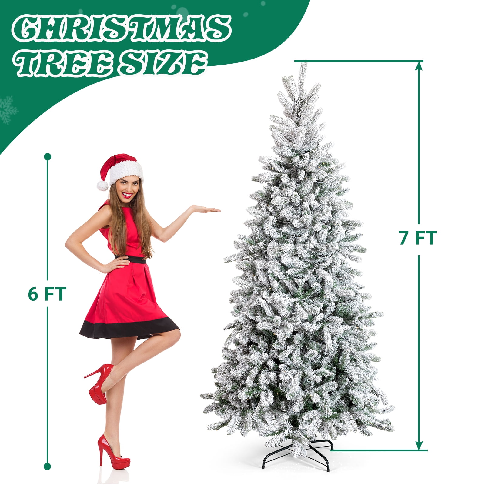 Astoutdoor 7 ft Snow Flocked Pre-Lit Artificial Pencil Christmas Tree with 1100 Branch Tips and 400 Lights, Snowy Green