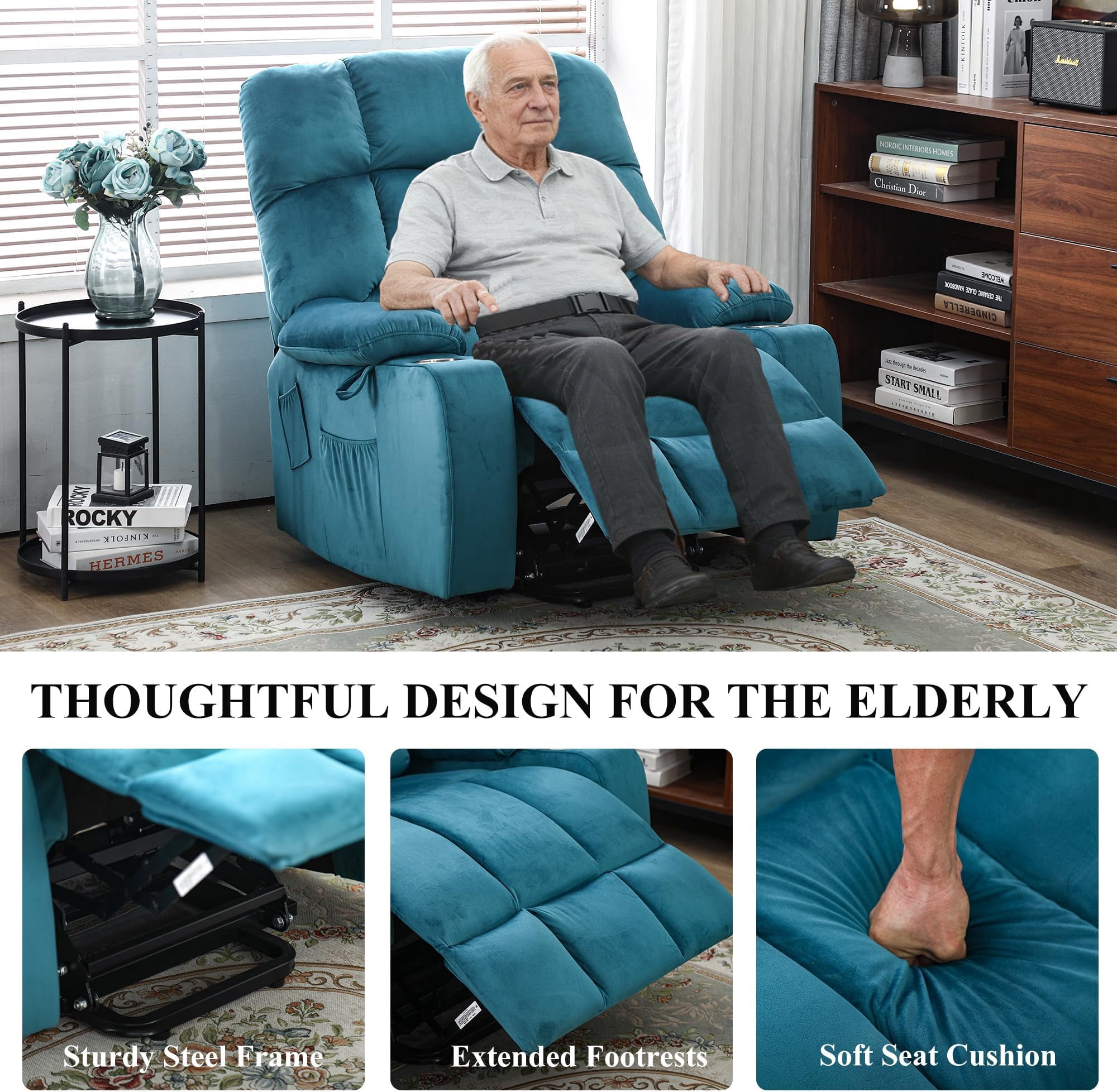 Oversized Power Recliner Chair for Big Man 400 LBS, 25" Extra Wide Electric Lift Chair with Heat and Massage, Cup Holders, Overstuffed Velvet Stand Up Recliner Lift Chairs for Elderly