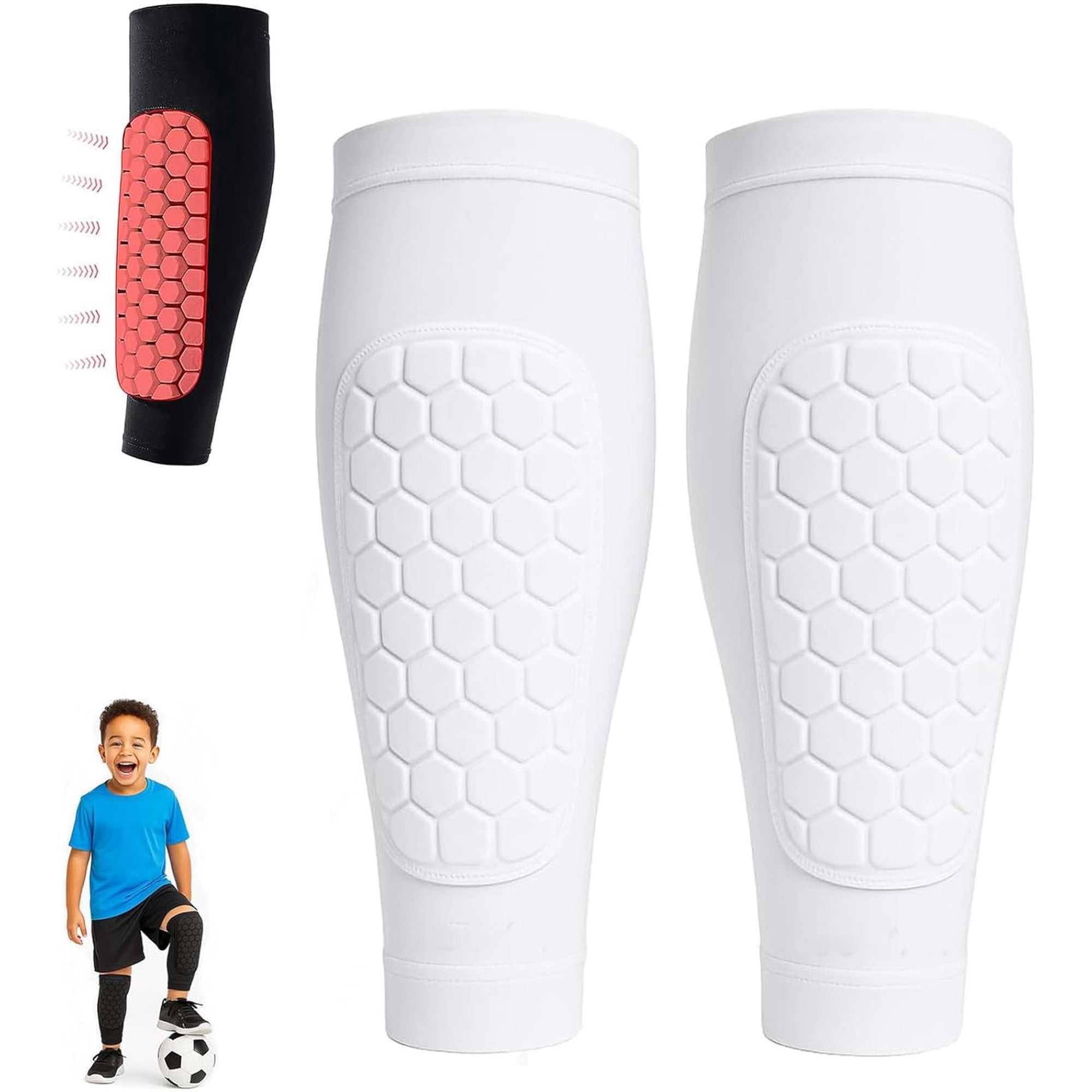 Shin Defender, Shin Guards Kids with Honeycomb Pads, 2 Pack Shindefender Shins Guards Soccer for Ski Youth Adult(White,XL(Adult))