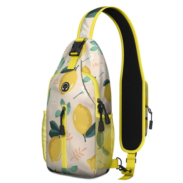 Retro Vintage Lemon Print Sling Backpack, Bright Yellow Fruit Design Crossbody Daypack with Cute Floral Patterns, Lightweight and Adjustable Strap