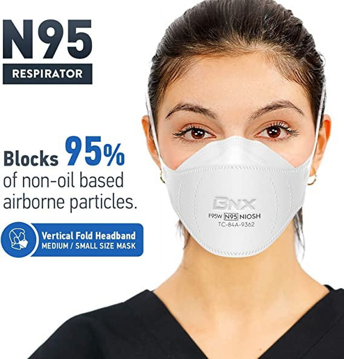 BNX N95 White Respirator Face Mask, Tri-Fold Cup/Fish Style, 50-Pack, Model F95W