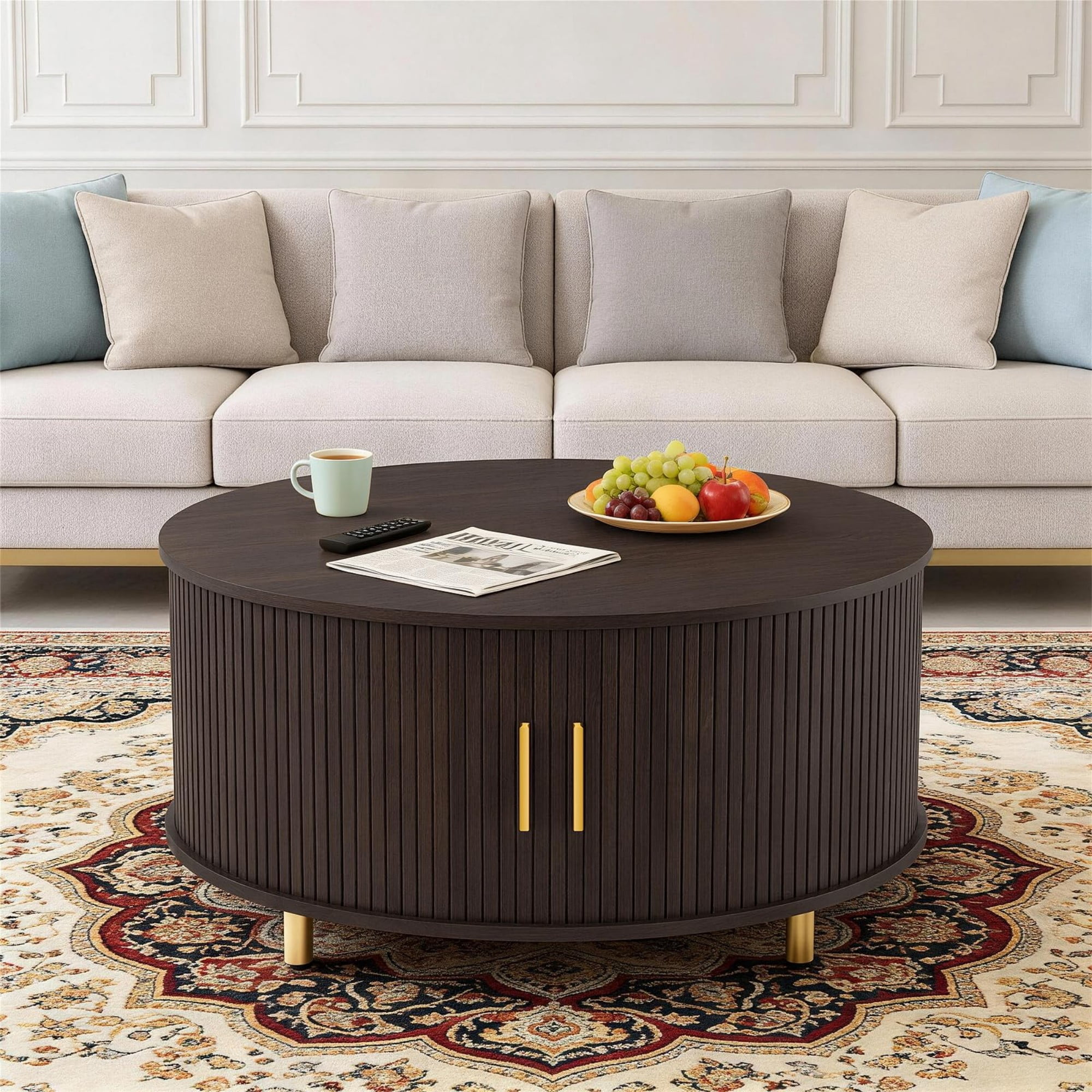 31.5" Round Coffee Table, Mid Century Modern Fluted Coffee Table with 360° Sliding Tambour Door & Storage, Coffee