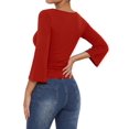 thumbnail image 4 of Women's 3/4 Sleeve Top Ruched Waist Fitted Tops for Women Crop Boat Neck Ribbed Bell Sleeve Flare Red S, 4 of 8