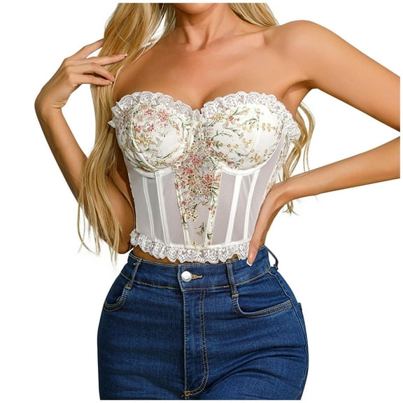 Lovskoo Bustier Tops for Women 2024 Underwired Camisoles Ladies Trendy Sleepwear Flower Embroidery Girdle Suspender Corset French Retro Sun-Top Top White