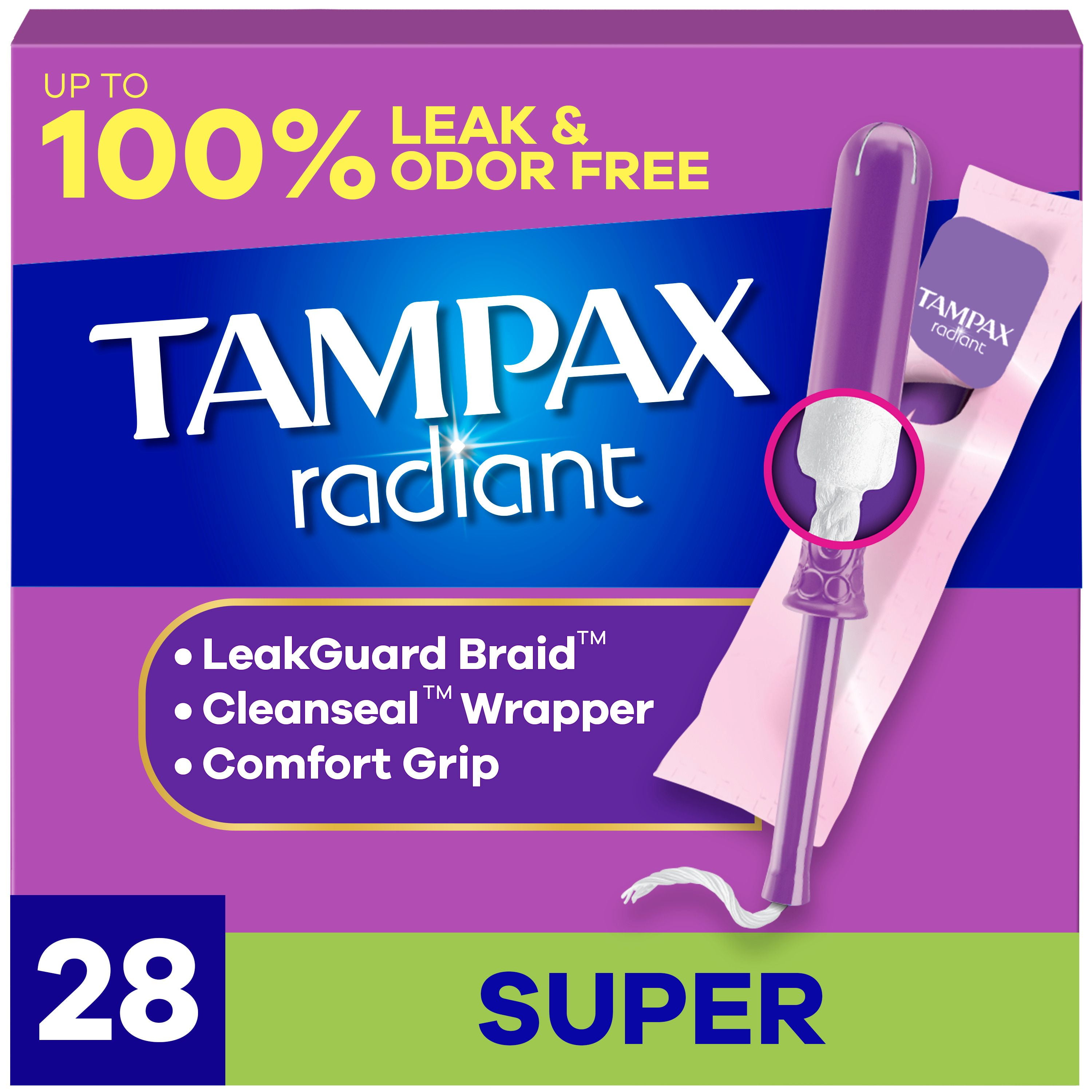 Tampax Radiant Tampons with LeakGuard Braid, Super Absorbency, Unscented, 28 Count
