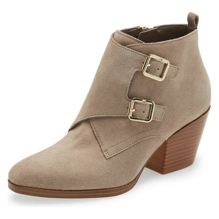 YDN Women Closed Almond Toe Side Zipper Ankle Booties Chunky Low Stacked Heel Double Strap Boots Date Office Shoes Size 6 Light Brown