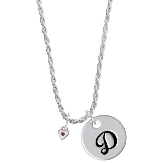 Delight Jewelry Silvertone Mini February - Purple Crystal Heart Silvertone Script Initial Disc - D - Charm Necklace, 20"+3"