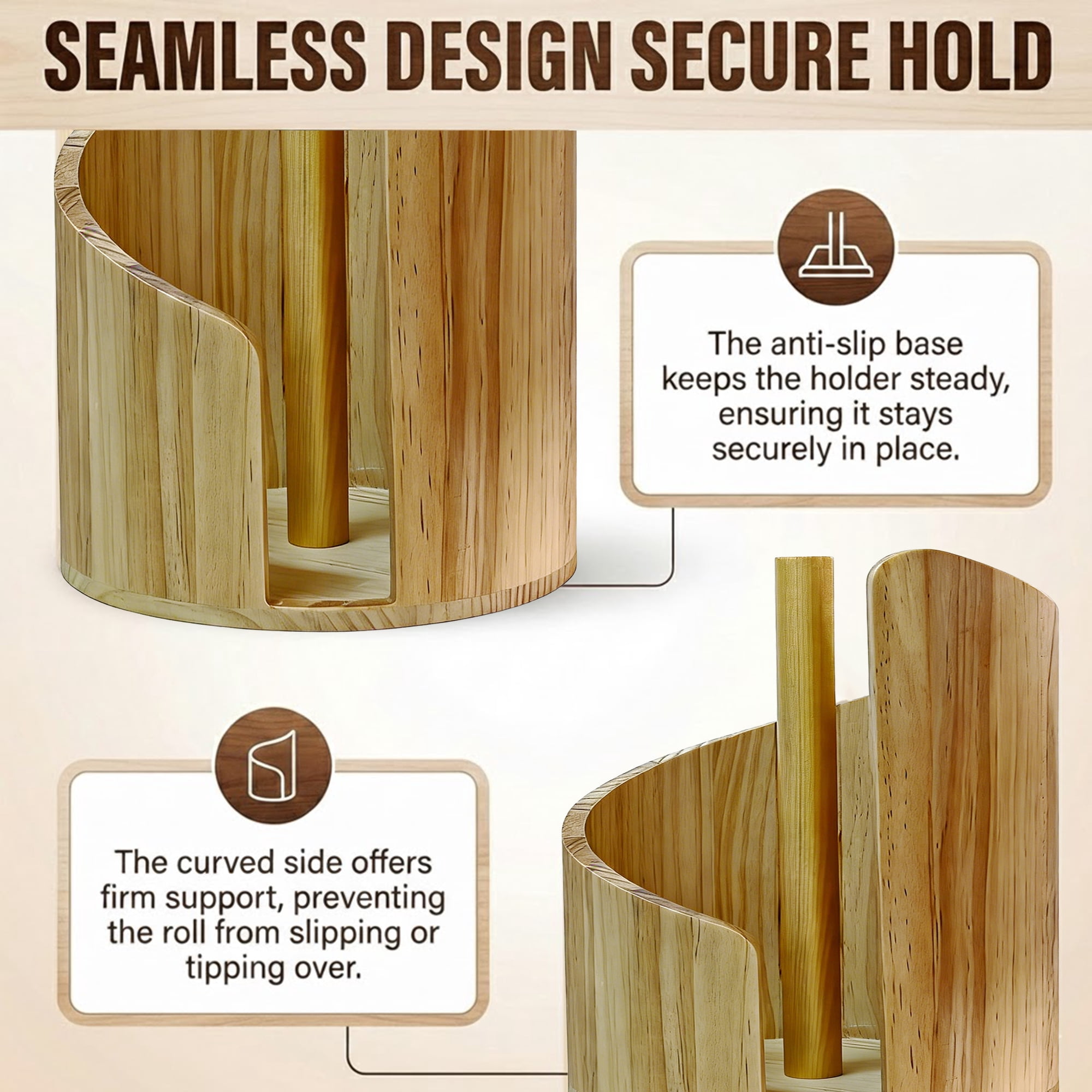 Standing Pine Wood Paper Towel Holder, 11.5" Countertop Dispenser Fits Jumbo Rolls, Modern Semi-Enclosed Design for One-Handed Tear, Brown/Natural/Black