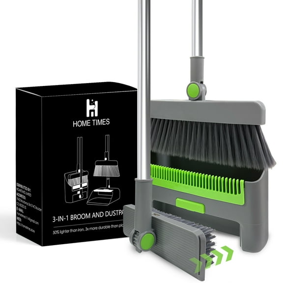 HOME TIMES 3-in-1 Broom Dustpan and Brush Set, Stainless Steel Telescopic Handle & Rotatable Broom Head, Space-Saving Cleaning Kit for Indoor & Outdoor Cleaning