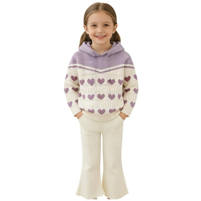 RXMEKW Knitted Sweater Set With Hood And Flared Pants For Girls In Black-White Cream Red-Black