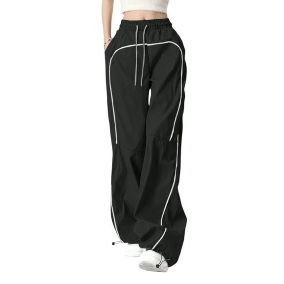 SDNGED 2025 New Women's Black Wide Leg Sports Pants Elastic Waist with White Stripes  Comfortable Y2K Sports Women's Jogging Pants Street Wear