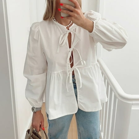 Y2K Babydoll Tops for Women Front Tie Puff Sleeve Peplum Blouses Bandage Lace Up Ruffle Hem Shirts Cute Summer Tops