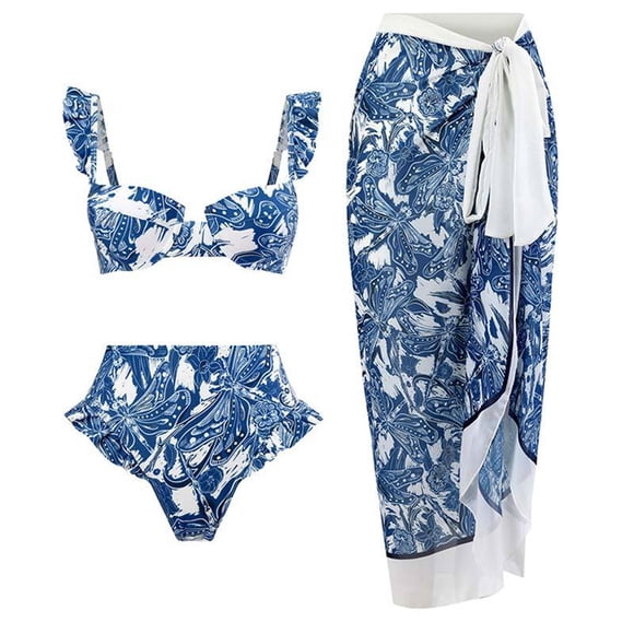 1 conjunto de tres piezas con estampado retro ajustado y estampado floral azul para mujer con falda cruzada multiusos